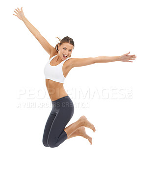 Buy stock photo Woman, jumping and fitness in studio for exercise or wellness health or performance, mockup or white background. Female person, excited and leap or gym workout pride for balance, yoga or flexibility