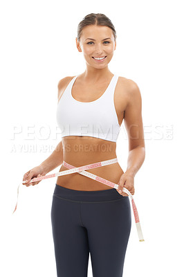 Buy stock photo Woman, lose weight and happy with results on measuring tape in studio or white background. Fitness, check and person reading measurement and size of body for health, wellness and progress in goals