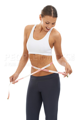 Buy stock photo Woman, lose weight and happy with results on measuring tape in studio or white background. Fitness, check and person reading measurement and size of body for health, wellness and progress in goals