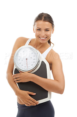 Buy stock photo Studio portrait, happiness and woman with scale machine to track weight loss, exercise results or body transformation goals. Wellness, slim or model confident in BMI, diet or mass on white background