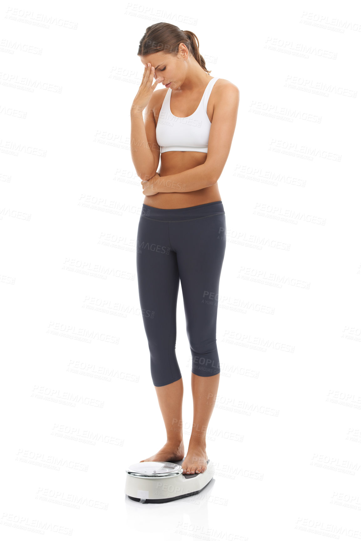 Buy stock photo Scale, problem and woman disappointed in weight loss fail, negative exercise results and upset about bad fitness progress. Studio, crisis and person unhappy over mass, BMI or diet on white background