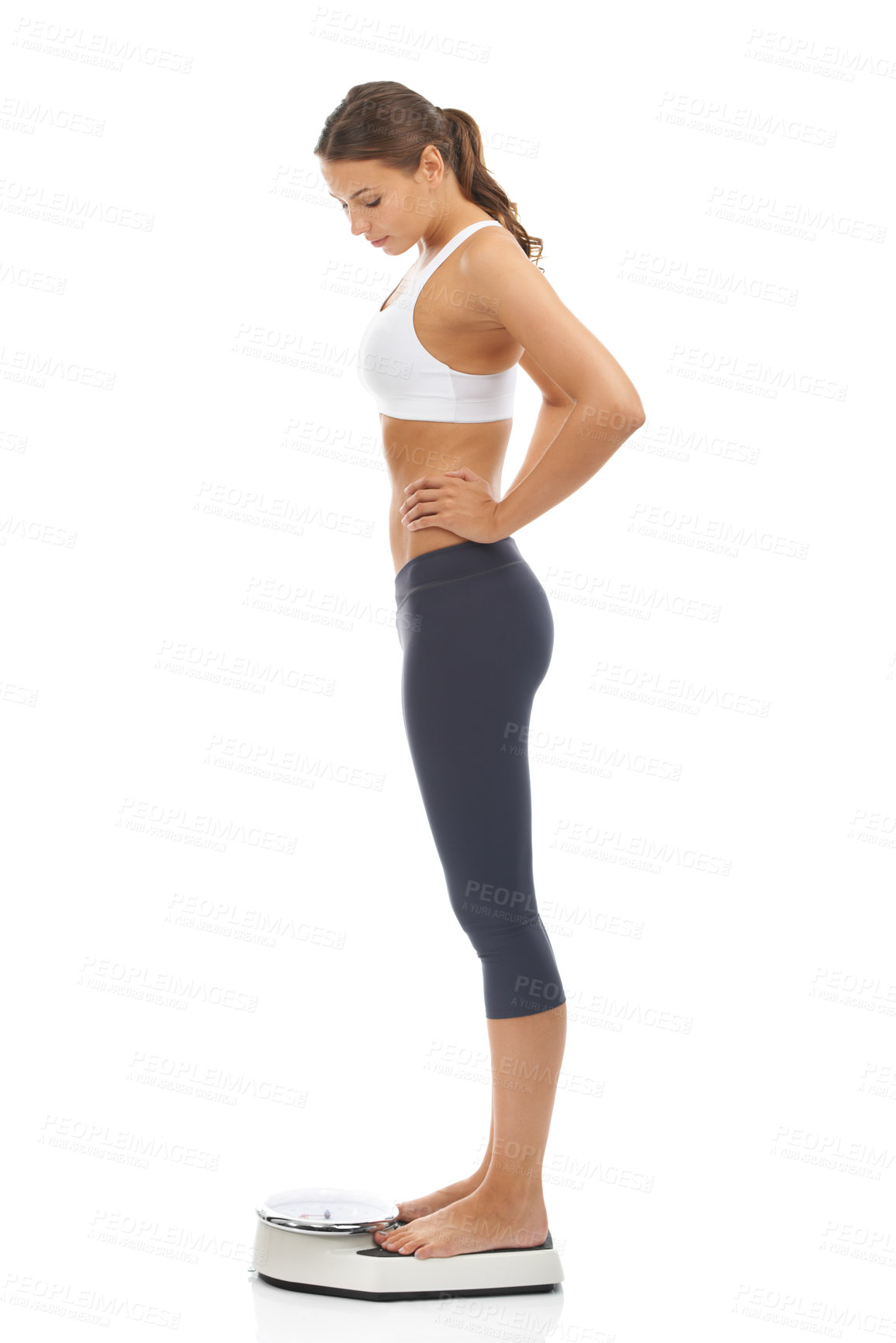 Buy stock photo Woman, scale and for lose weight diet in studio for healthy body, performance or self care. Female person, equipment and target or mockup on white background for fitness training, routine or goals