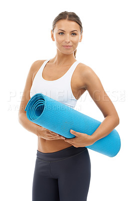 Buy stock photo Woman, yoga mat and exercise fitness in studio for muscle flexibility, mobility or training. Female person, pilates and white background for mockup space or self care wellness, performance or strong