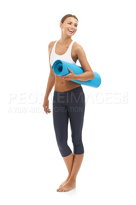Buy stock photo Woman, yoga mat and health fitness in studio for muscle flexibility, exercise or training. Female person, pilates and white background for mockup space or self care wellness, performance or strong