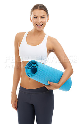 Buy stock photo Woman, portrait and yoga mat for health fitness in studio for flexibility, exercise or training. Female person, face and white background for mockup space or self care wellness, performance or strong