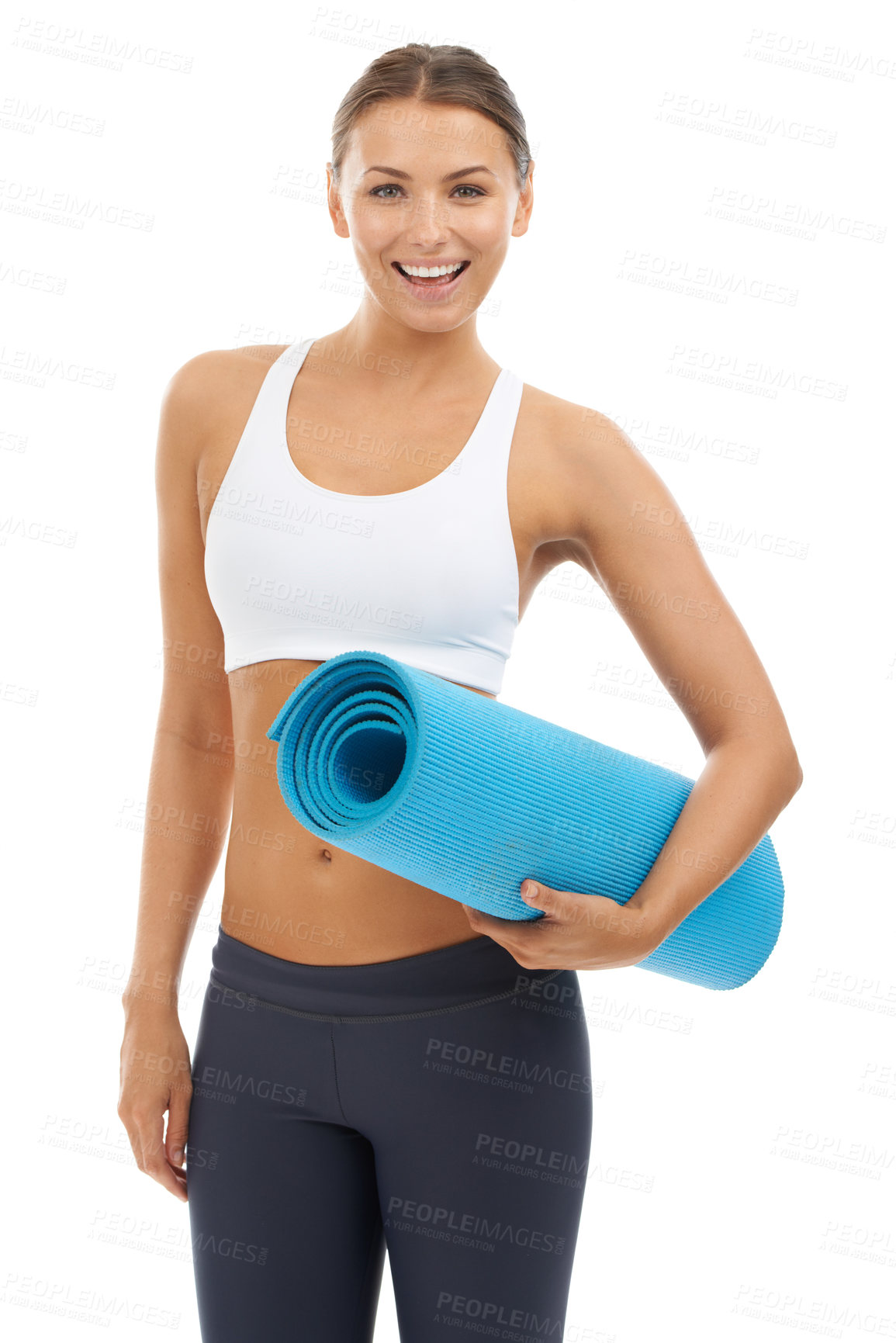 Buy stock photo Woman, portrait and yoga mat for health fitness in studio for flexibility, exercise or training. Female person, face and white background for mockup space or self care wellness, performance or strong