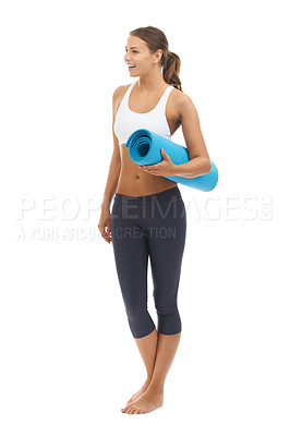 Buy stock photo Cute young woman holding an exercise mat against a white background