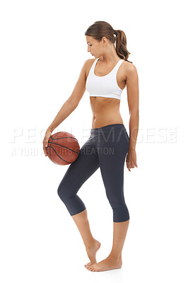 Buy stock photo Woman, basketball and sport exercise in studio for workout performance, athlete or white background. Female person, fitness and competition or mockup space for game goal for cardio, health or play