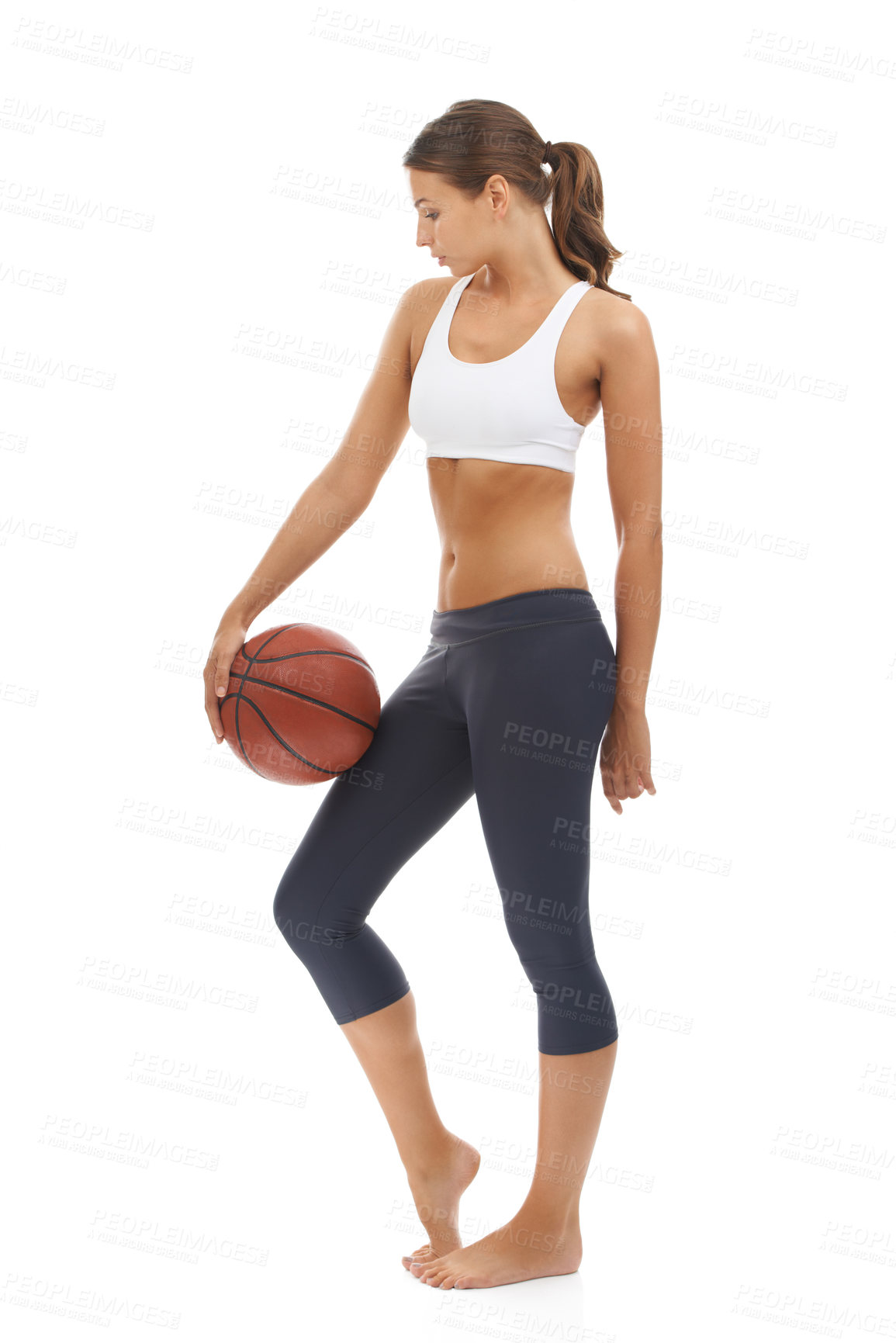 Buy stock photo Woman, basketball and sport exercise in studio for workout performance, athlete or white background. Female person, fitness and competition or mockup space for game goal for cardio, health or play