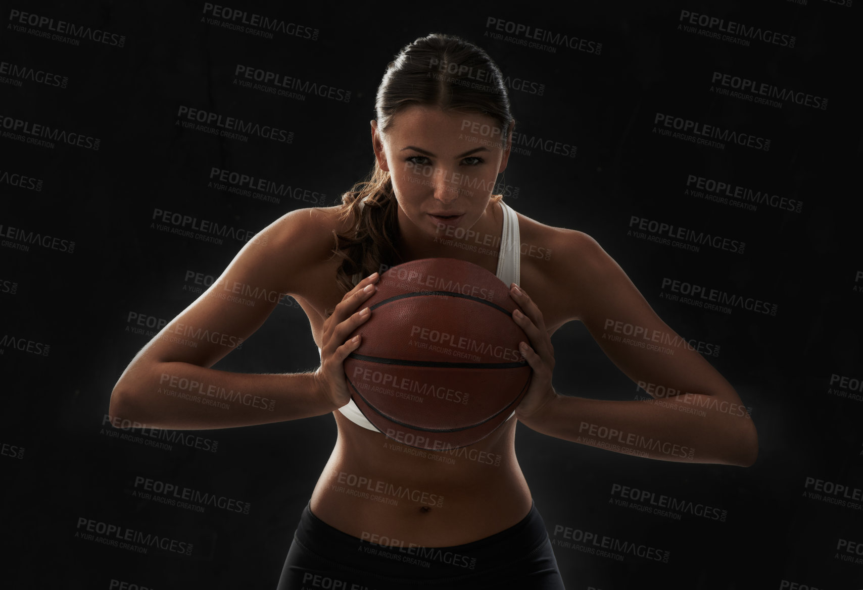 Buy stock photo Serious, woman and portrait with basketball for sports and game in black background or studio. Fitness, challenge and intense athlete on the court, competition or training in workout and exercise