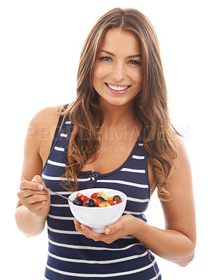 Buy stock photo Portrait, smile and woman with fruit salad in bowl for diet, healthy body or nutrition. Face, food or happy person eating an organic vegan breakfast for wellness isolated on a white studio background