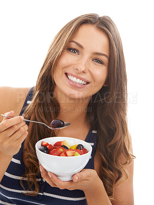 Buy stock photo Portrait, smile and woman eating a fruit salad in bowl for diet, healthy body or nutrition. Face, food and a happy person with an organic breakfast for wellness isolated on a white studio background