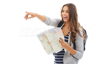 Buy stock photo Map, adventure and woman reading in studio for hiking exploring, weekend trip or vacation. Travel, discover and female person with paper directions for tourism and navigation by white background.