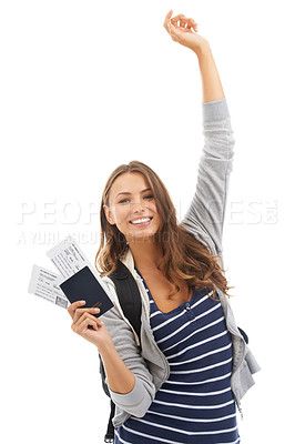 Buy stock photo Portrait, passport and woman celebrate with ticket for travel on holiday, vacation or trip on mockup space. Face, winner or happy person with plane boarding pass isolated on a white studio background