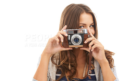 Buy stock photo A pretty young tourist taking a photo of you while isolated on a white background