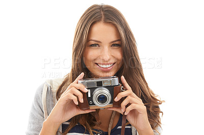 Buy stock photo Camera, creative and portrait of photographer in studio working for photoshoot with photography. Career, art and female student with media project for startup production business by white background.