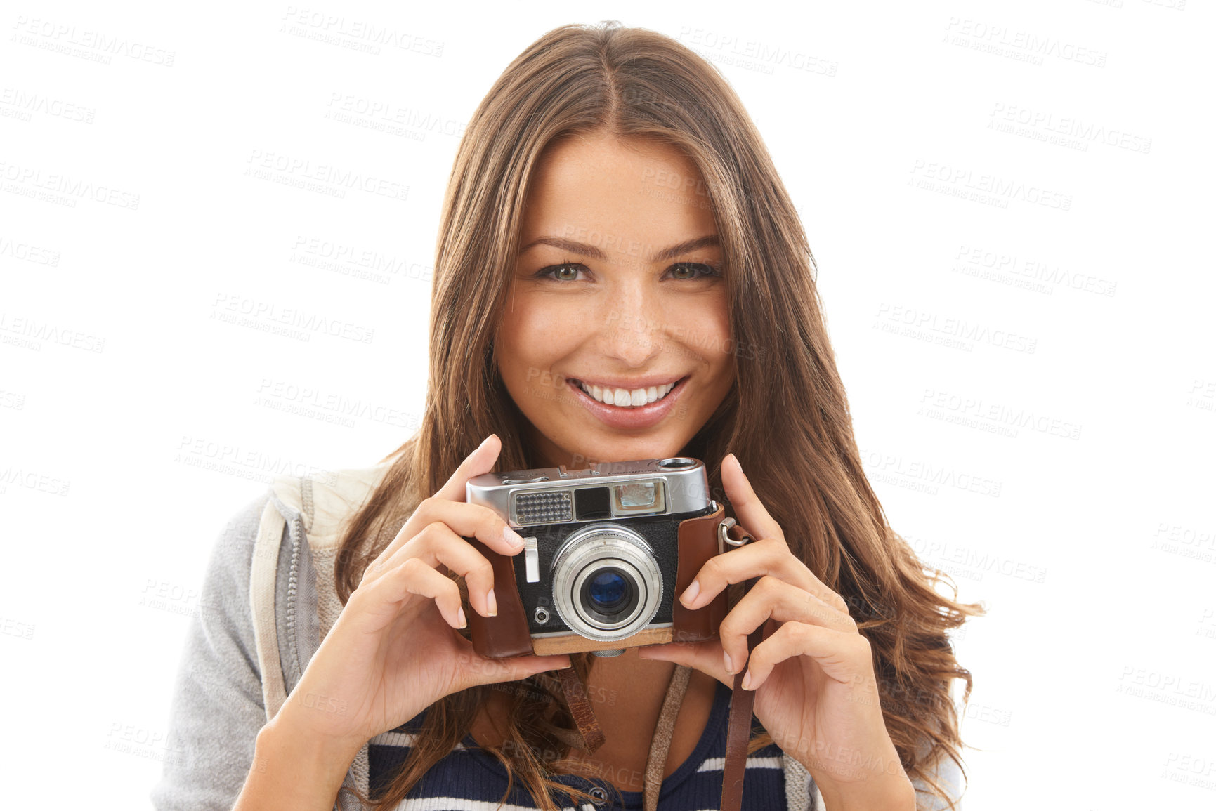 Buy stock photo Camera, creative and portrait of photographer in studio working for photoshoot with photography. Career, art and female student with media project for startup production business by white background.