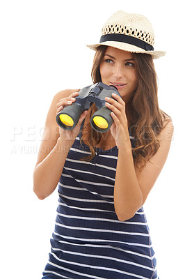 Buy stock photo Happy, travel and woman with binoculars to watch on vacation, holiday or adventure. Vision, glass and person with telescope, search to spy and smile on journey isolated on a white studio background