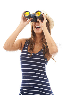Buy stock photo Smile, travel and woman with binoculars to spy on vacation, holiday or adventure. Vision, glass and person with telescope, search to watch and excited on journey isolated on a white studio background