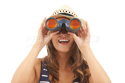 Buy stock photo Portrait, travel and woman with binoculars to watch on vacation, holiday or adventure. Vision, glass and person in hat with telescope, search to spy and excited isolated on a white studio background