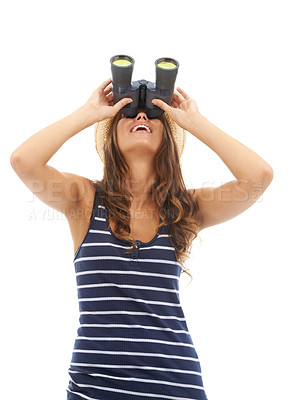 Buy stock photo Happy, travel and woman looking up with binoculars to watch on vacation, holiday or adventure. Vision, glass and person with telescope, search to spy and excited isolated on a white studio background