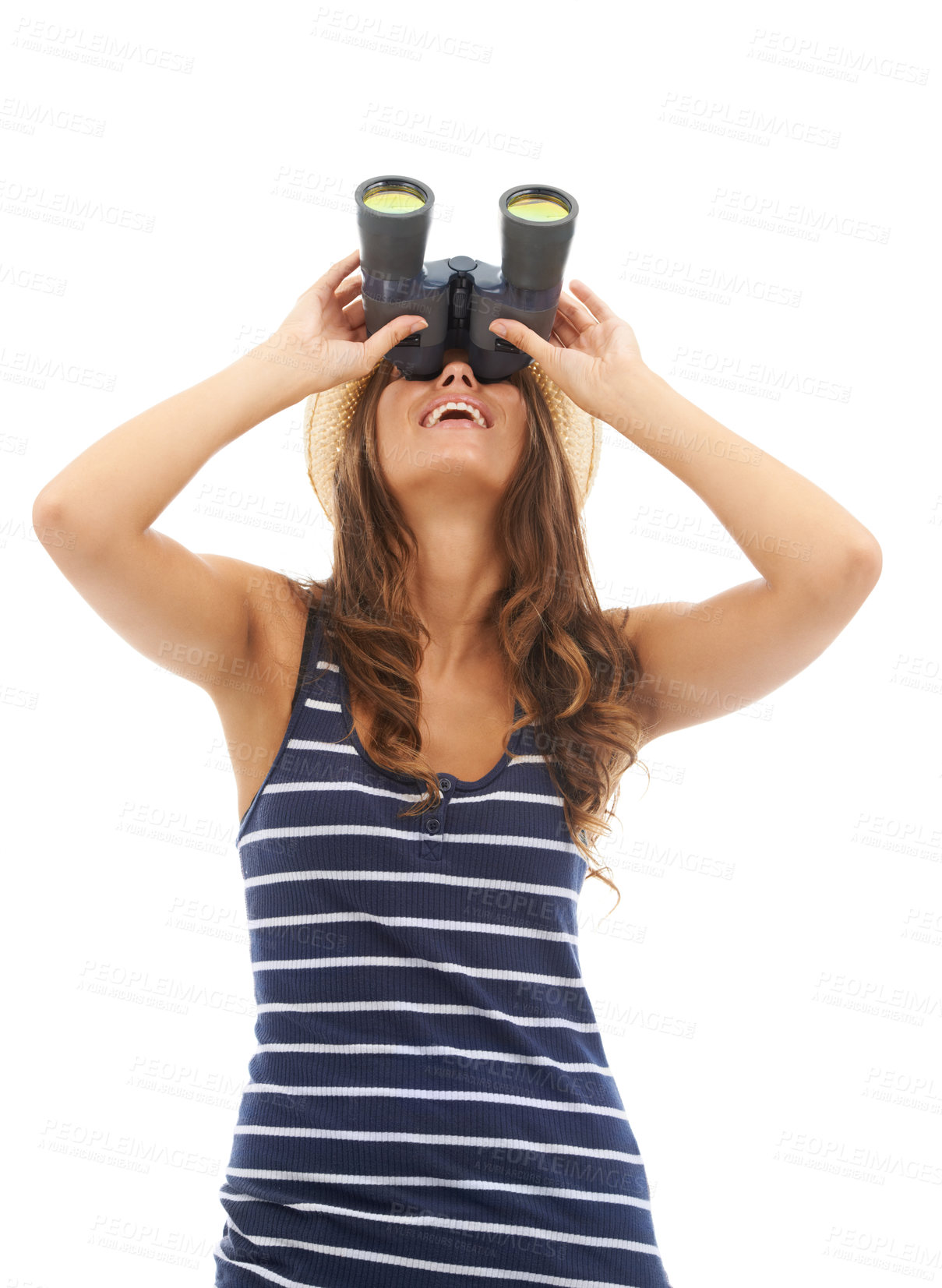 Buy stock photo Happy, travel and woman looking up with binoculars to watch on vacation, holiday or adventure. Vision, glass and person with telescope, search to spy and excited isolated on a white studio background