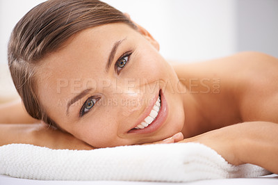 Buy stock photo Relax, smile and portrait of woman at spa with body massage for health, wellness and self care. Happy, natural and female person with calm, peaceful and serene skin therapy treatment at beauty salon.