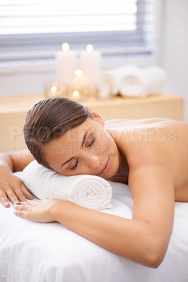 Buy stock photo Woman, spa and massage for wellness and self care, aromatherapy or alternative medicine with peace and calm. Relax, luxury and zen with holistic healing, bodycare for stress relief and wellbeing