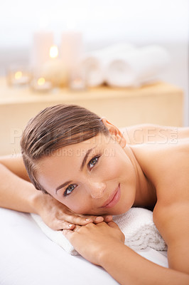 Buy stock photo Relax, calm and young woman at spa with body massage for health, wellness and self care. Happy, natural and female person with pamper, peaceful and serene skin therapy treatment at beauty salon.