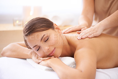 Buy stock photo Happy woman, spa and massage on back for beauty, skincare and healing muscle at cosmetics salon. Masseuse, client and relax at wellness resort for acupressure, holistic therapy and shoulder treatment