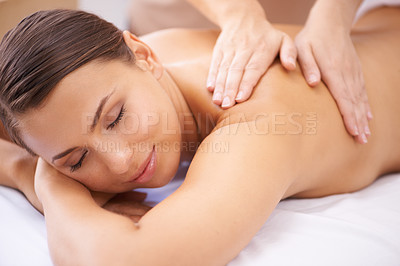 Buy stock photo Woman, hands and back massage at spa, healing and aromatherapy with wellness and masseuse. Calm, natural and beauty with skincare, body care and health, holistic treatment for zen or stress relief
