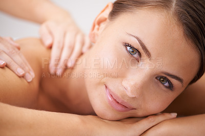 Buy stock photo Woman, hands and massage at spa for healing, aromatherapy with wellness and masseuse. Face, service and beauty with skincare, body care and health, holistic treatment for zen or stress relief