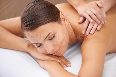 Buy stock photo Woman, hands of masseur and back massage at spa, aromatherapy and healing with wellness. Calm, natural and beauty with skincare, body care and health, holistic treatment for zen or stress relief