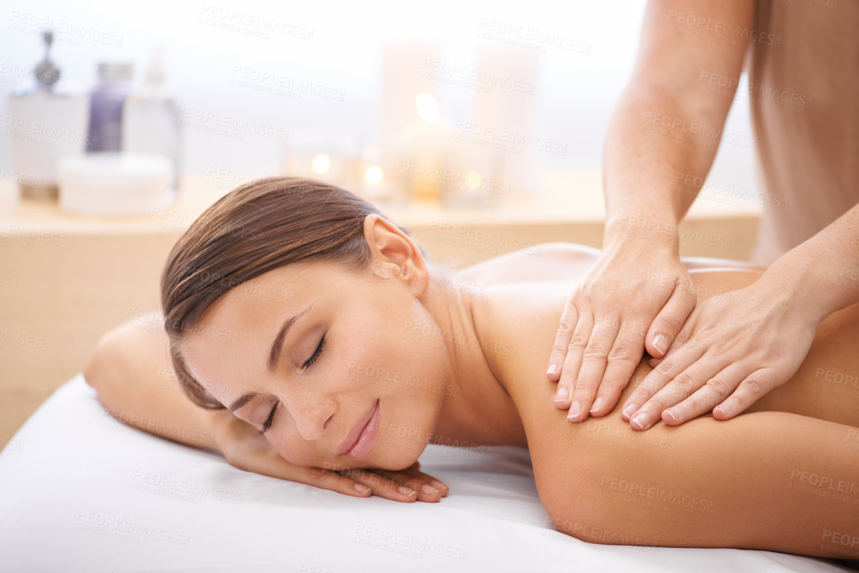 Buy stock photo Woman, hands and back massage at spa, aromatherapy and healing with wellness. Calm, peace and beauty with skincare, body care and health, masseuse with holistic treatment for zen or stress relief
