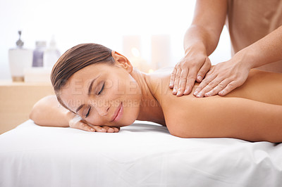 Buy stock photo Woman, hands of masseuse and back massage at spa, aromatherapy and healing with wellness. Calm, natural and beauty with skincare, body care and health, holistic treatment for zen or stress relief