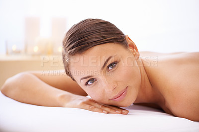 Buy stock photo Relax, portrait and woman at natural spa with body massage for health, wellness and self care. Happy, smile and female person with calm, peaceful and serene skin therapy treatment at beauty salon.