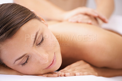 Buy stock photo Woman, back massage at spa with aromatherapy and healing, physical therapy and wellness. Calm, natural and beauty with skincare, body care and health, holistic treatment for zen or stress relief