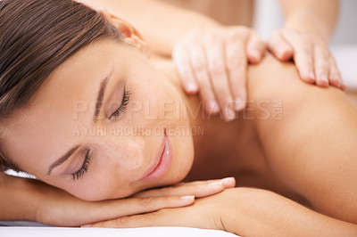 Buy stock photo Woman, hands of masseuse and shoulder massage at spa, aromatherapy and healing with wellness. Calm, back and beauty with skincare, body care and health, holistic treatment for zen or stress relief
