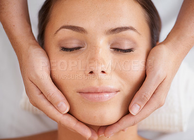 Buy stock photo Woman, face or massage at spa from above for beauty, skincare treatment or healing at cosmetics salon. Happy client relax at wellness resort for reiki, facial acupressure or peaceful holistic therapy