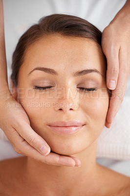 Buy stock photo Happy woman, spa and face massage from above for beauty, holistic therapy and healing at cosmetics salon. Client relax at wellness resort for reiki, facial acupressure and peaceful skincare treatment