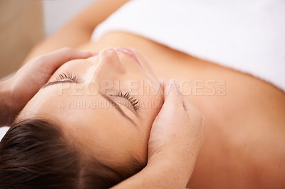 Buy stock photo Space, woman and face massage for skincare, holistic therapy or healthy healing at cosmetics salon. Calm client relax at wellness resort for facial reiki, acupressure or peaceful treatment for beauty