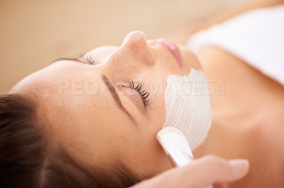 Buy stock photo Beauty, face mask and woman with beauty, spa and treatment with grooming, skincare and dermatology. Female person, model or girl with organic facial, detox and cleanse with smooth, clear or soft skin