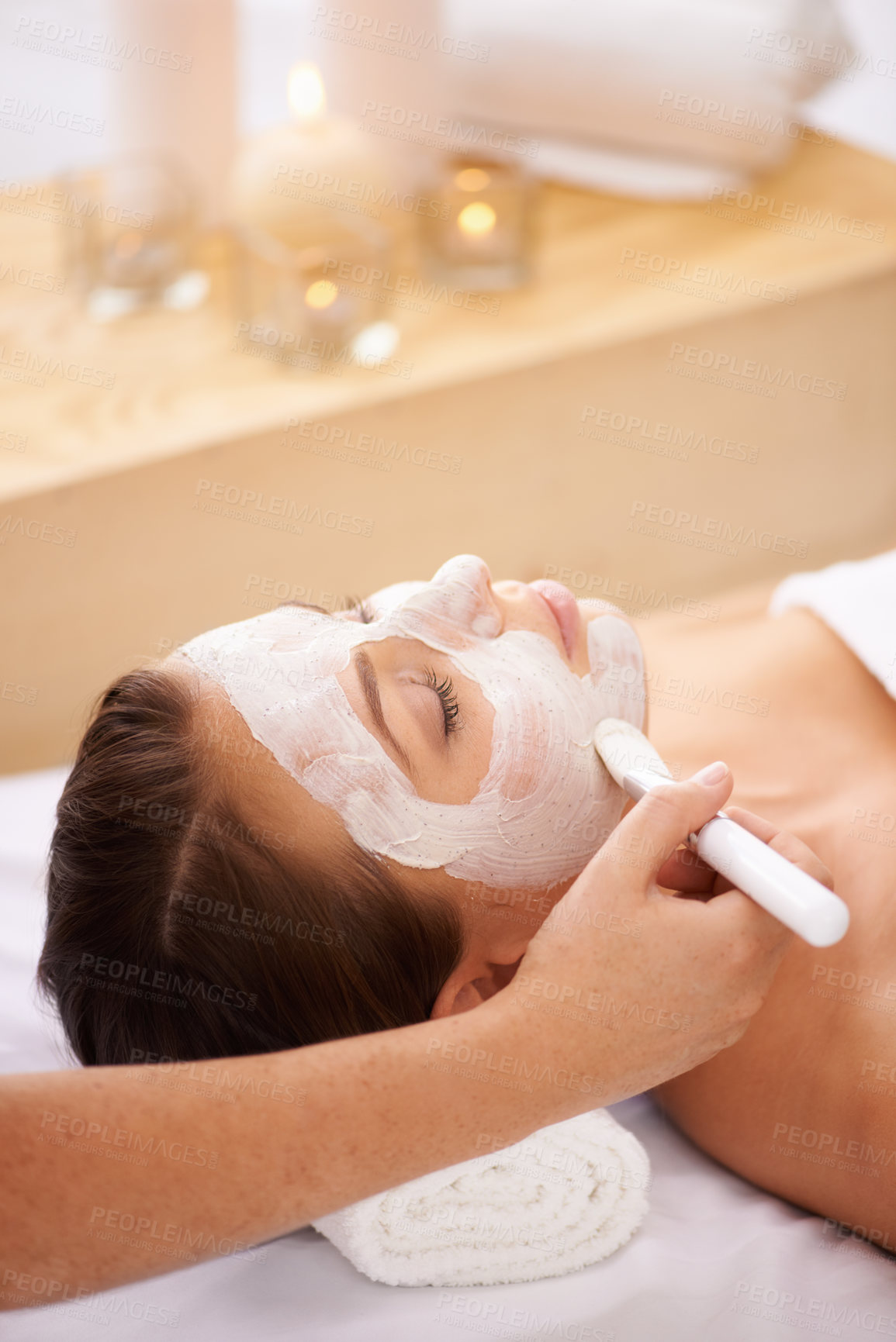 Buy stock photo Cream, spa and woman with a face mask, dermatology and treatment for acne, skincare and grooming. Female person, model and girl with a brush, creme and organic facial with wellness, beauty and health