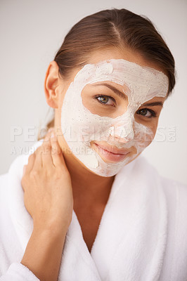 Buy stock photo Facial, portrait and woman with beauty and skincare, dermatology and spa treatment on white background. Healthy skin, wellness and face mask with cosmetics, self care and smile with moisturizer