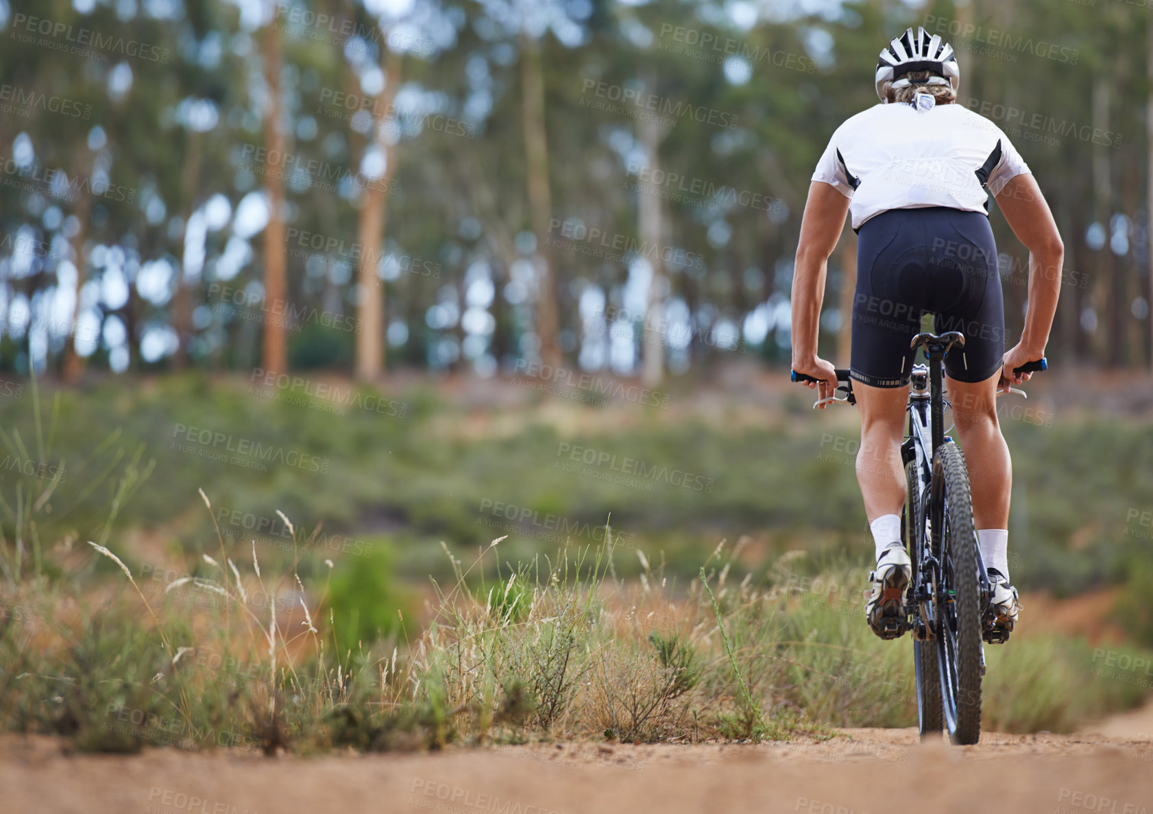 Buy stock photo Person, mountain bike and forest fitness for sports training in countryside for adventure, performance or workout. Cyclist, transportation and off road terrain for challenge, competition or back view