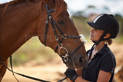 Buy stock photo Woman, care and horse in nature with vacation, bonding and relax on farm, ranch and countryside. Animal, pet and person feeling stallion for freedom, adventure and training with peace and calming