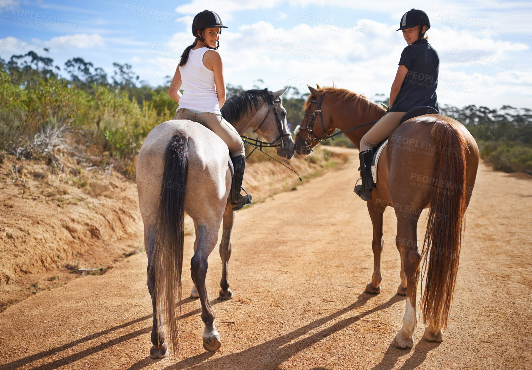 Buy stock photo Rear-view of two women on horseback