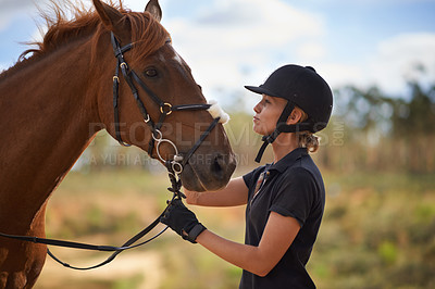 Buy stock photo Woman, care and horse in nature with adventure for bonding, summer and relax on farm, ranch and countryside. Animal, pet and person feeling stallion for freedom, equestrian and vacation with peace