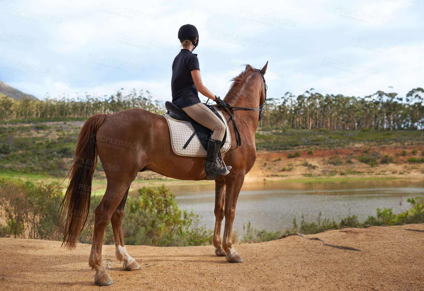Buy stock photo Equestrian, woman and horse in nature for ride on adventure and journey in countryside. Ranch, animal and rider outdoor with hobby, sport or pet on farm trail with girl in summer at river with peace