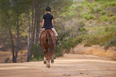 Buy stock photo Equestrian, trail and riding a horse in nature on adventure and journey in countryside. Ranch, animal and back of rider outdoor with pet on path in forest or woods for hobby on farm in summer